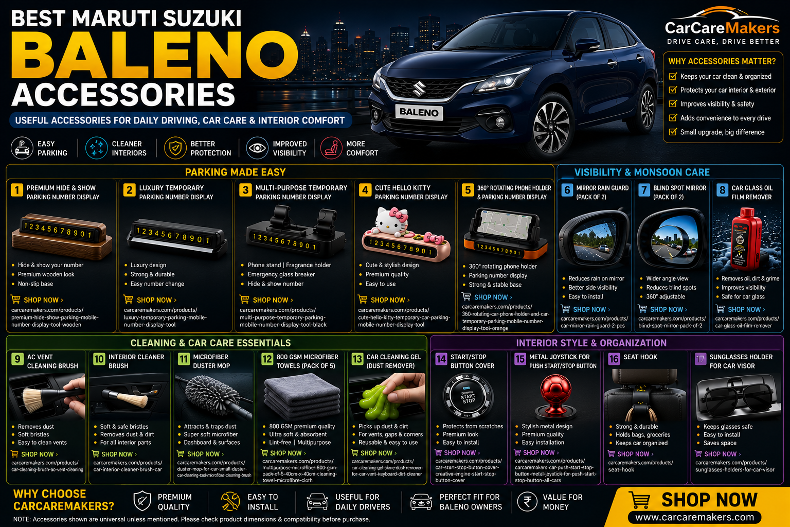 Best Maruti Suzuki Baleno Accessories for Daily Driving, Car Care & Interior Comfort