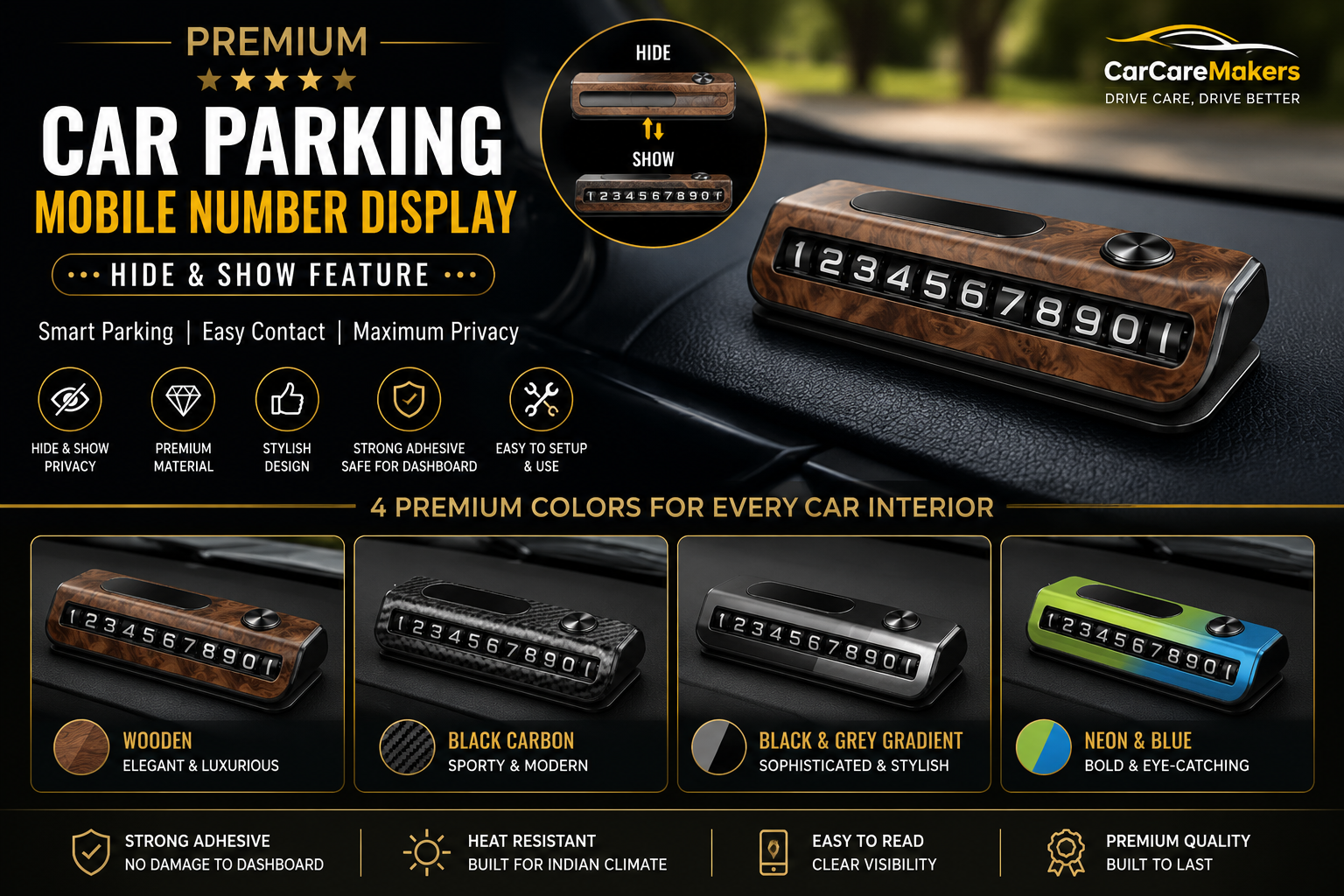 Premium Car Parking Mobile Number Display: Stylish Hide & Show Number Plate for Your Dashboard