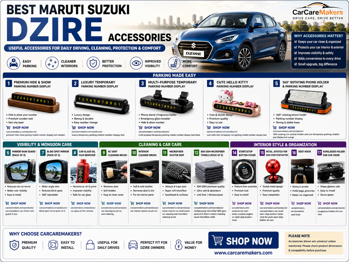 Best Maruti Suzuki Dzire Accessories for Daily Driving & Car Care