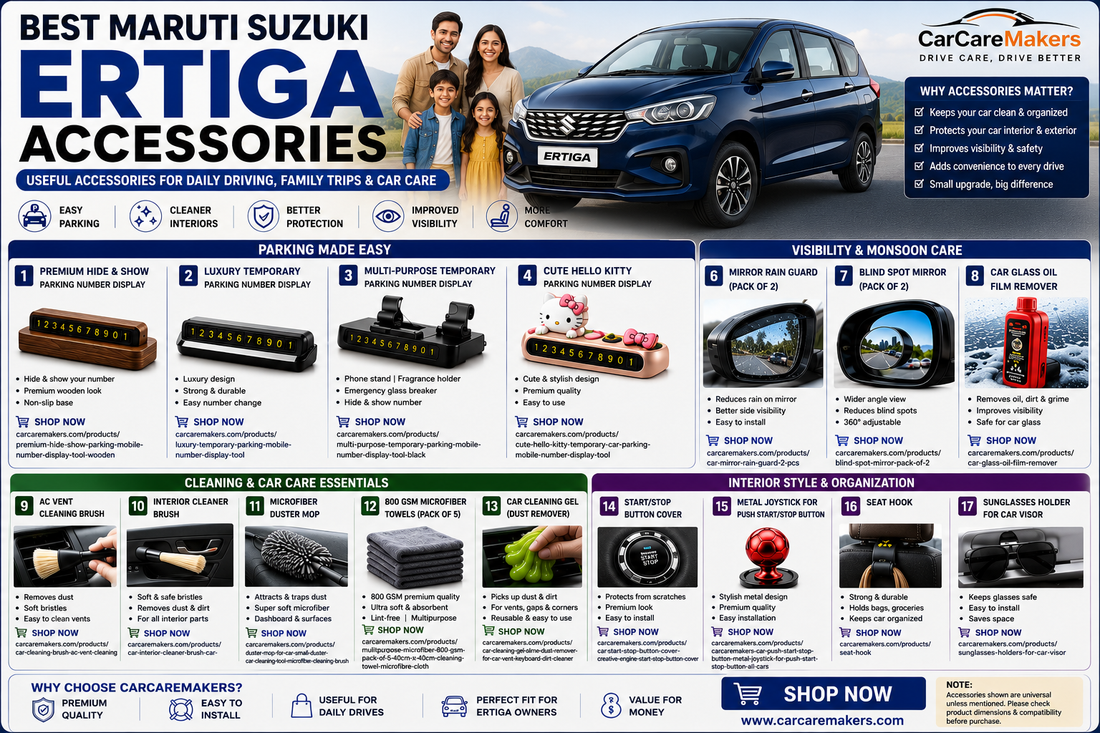 Best Maruti Suzuki Ertiga Accessories for Daily Driving, Family Trips & Car Care
