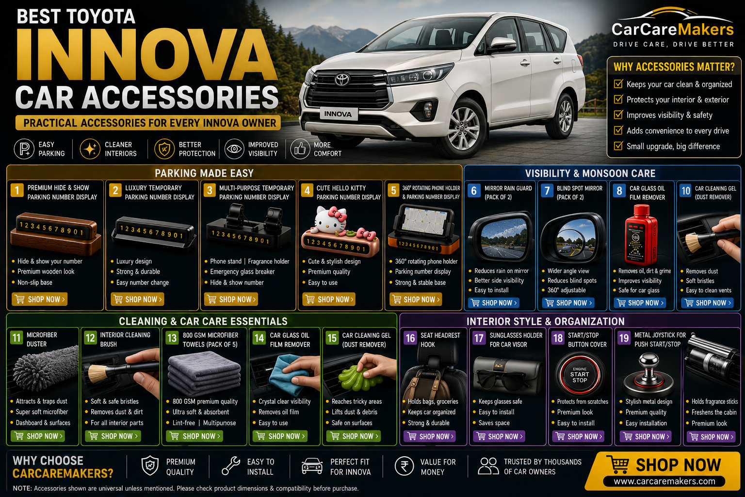 Best Toyota Innova Car Accessories for Family Trips, Daily Driving & Car Care