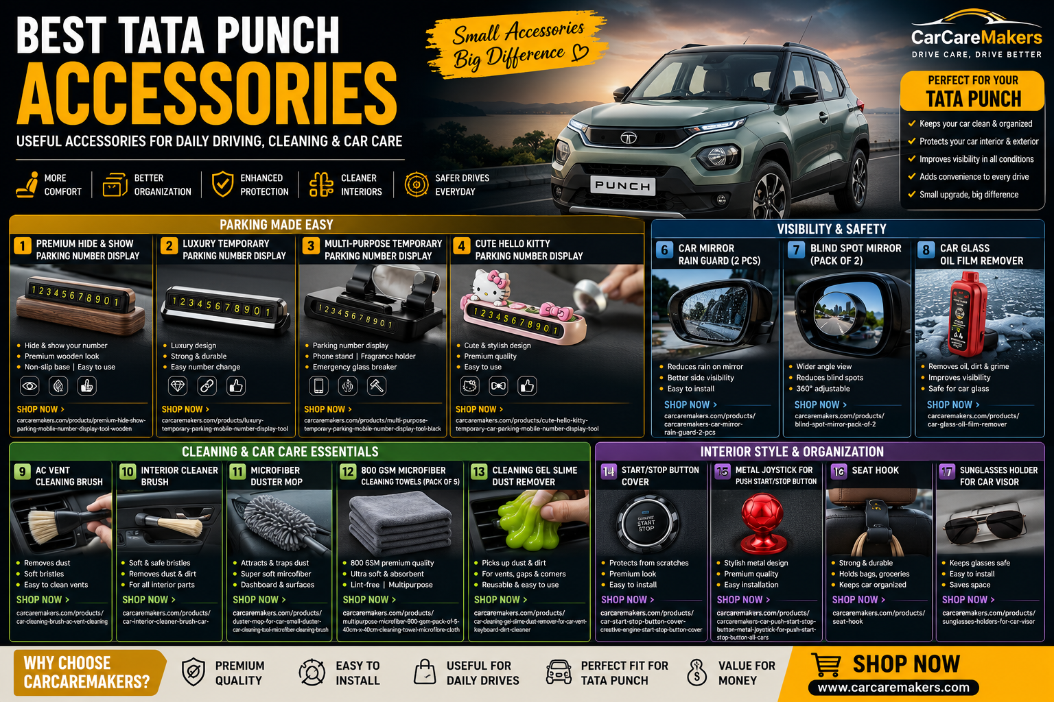 Best Tata Punch Accessories for Daily Driving, Cleaning & Car Care