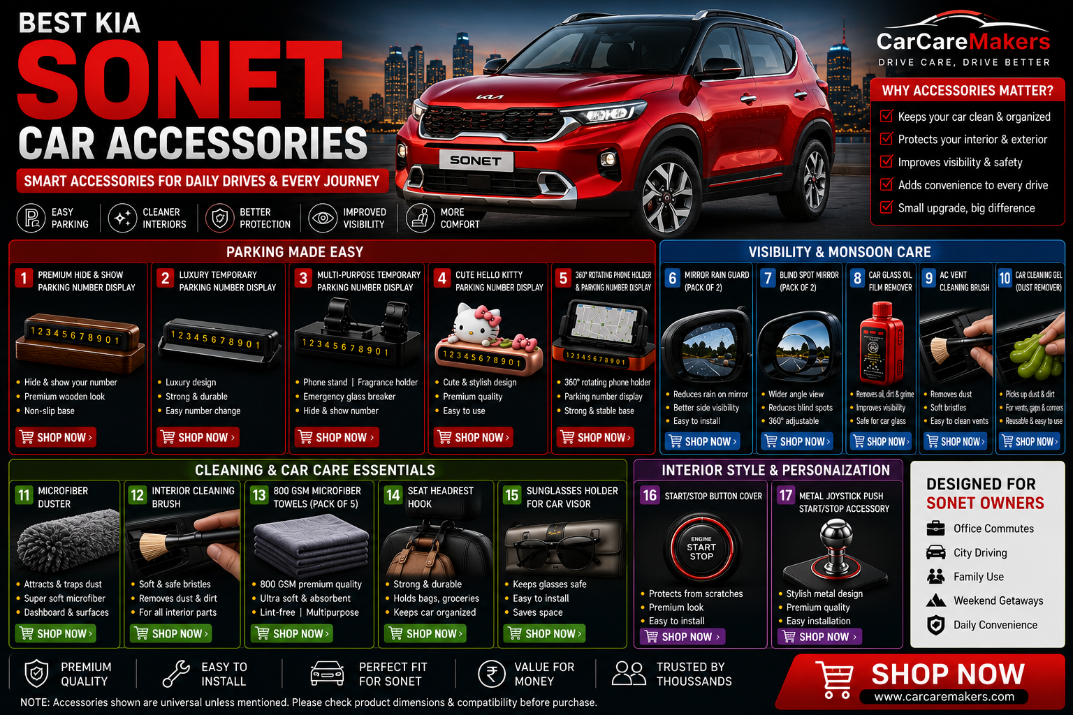Best Kia Sonet Car Accessories for Daily Driving, Parking & Interior Care