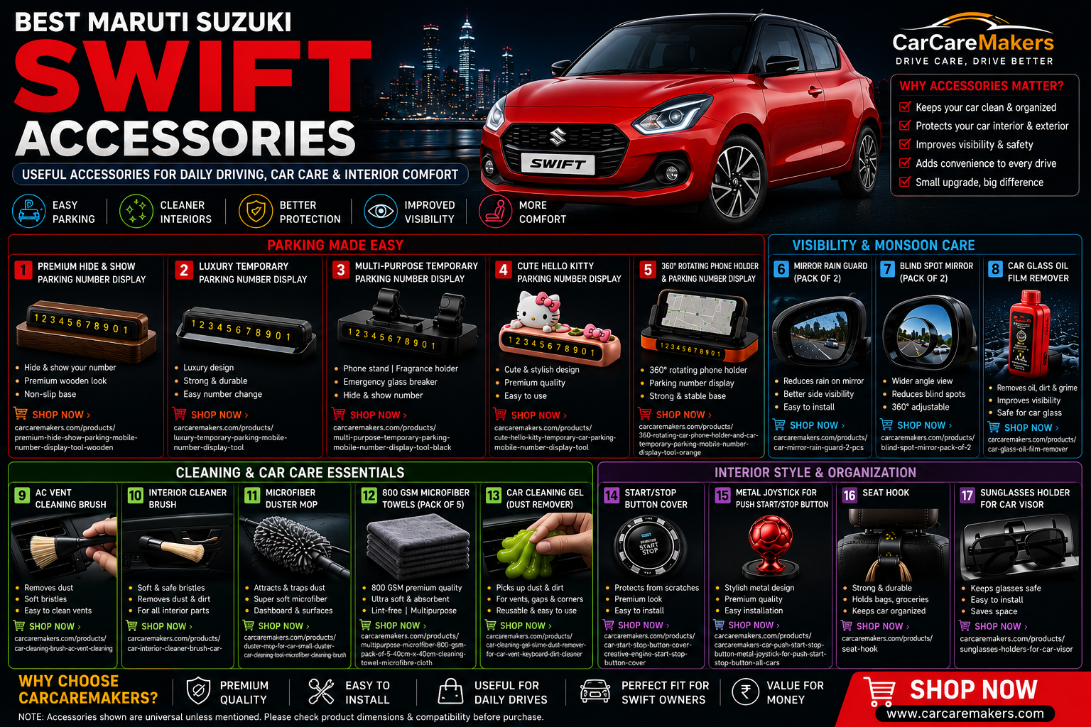 Best Maruti Suzuki Swift Accessories for Daily Driving, Parking, Cleaning & Interior Care