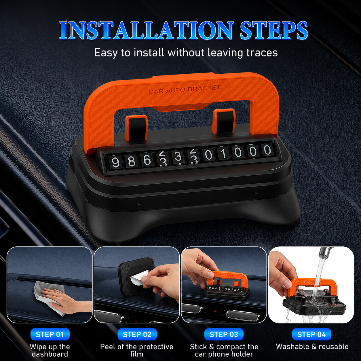 Temporary Car Parking Contact Number Display With 360 Rotate Mobile Stand - Black and Orange