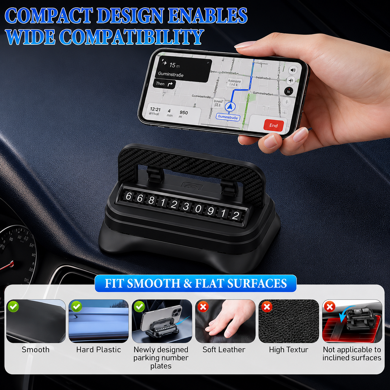 Temporary Car Parking Contact Number Display With 360 Rotate Mobile Stand - Black