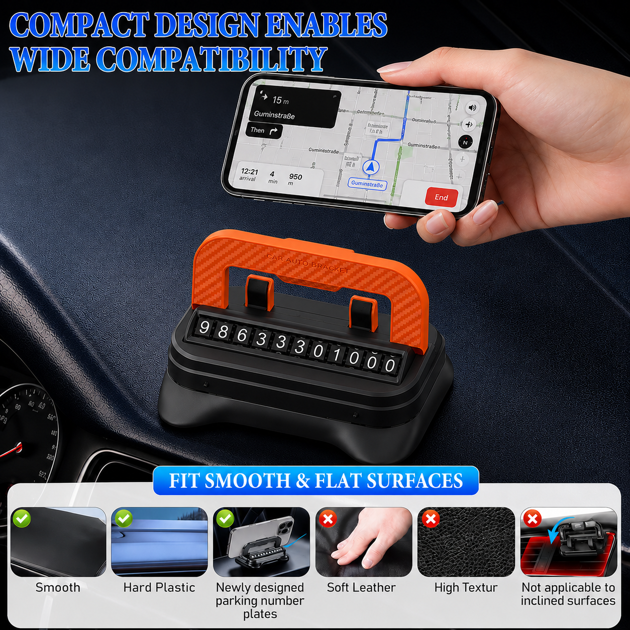 Temporary Car Parking Contact Number Display With 360 Rotate Mobile Stand - Black and Orange