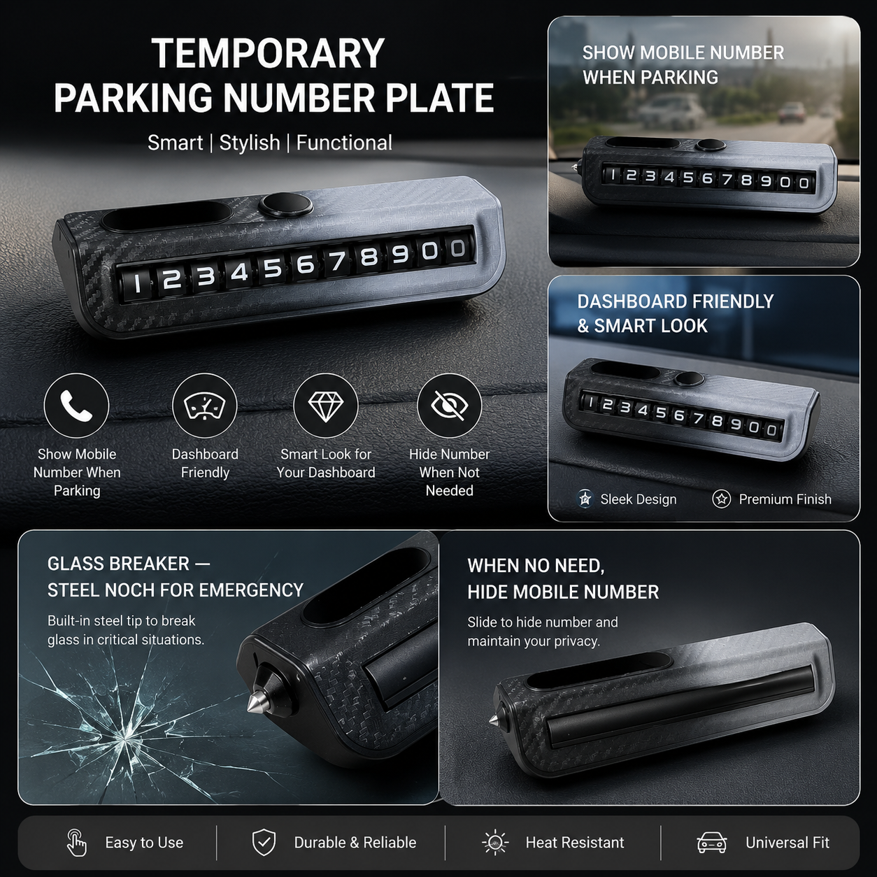 Temporary Car Parking Mobile Number Tool Premium Dashboard Look - Black Gnd Gray