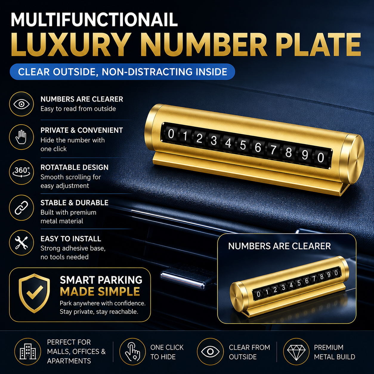 Temporary Car Parking Number Metal Display - Gold
