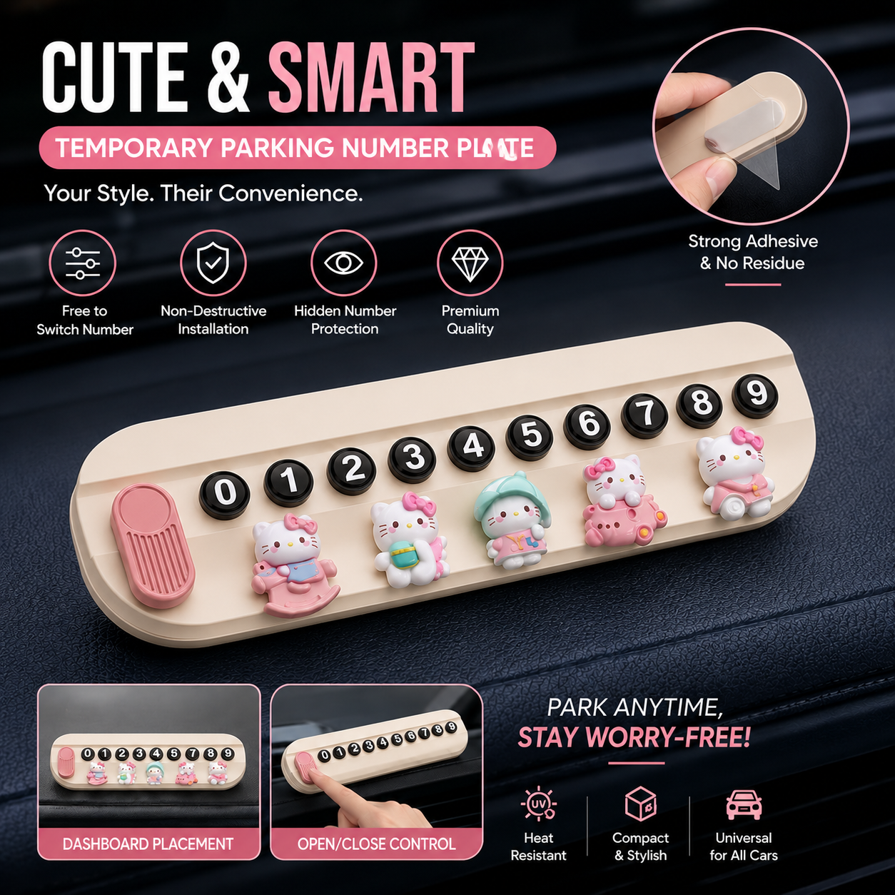 Temporary Car Parking Contact Number Display with Hello Kitty - Cream Color
