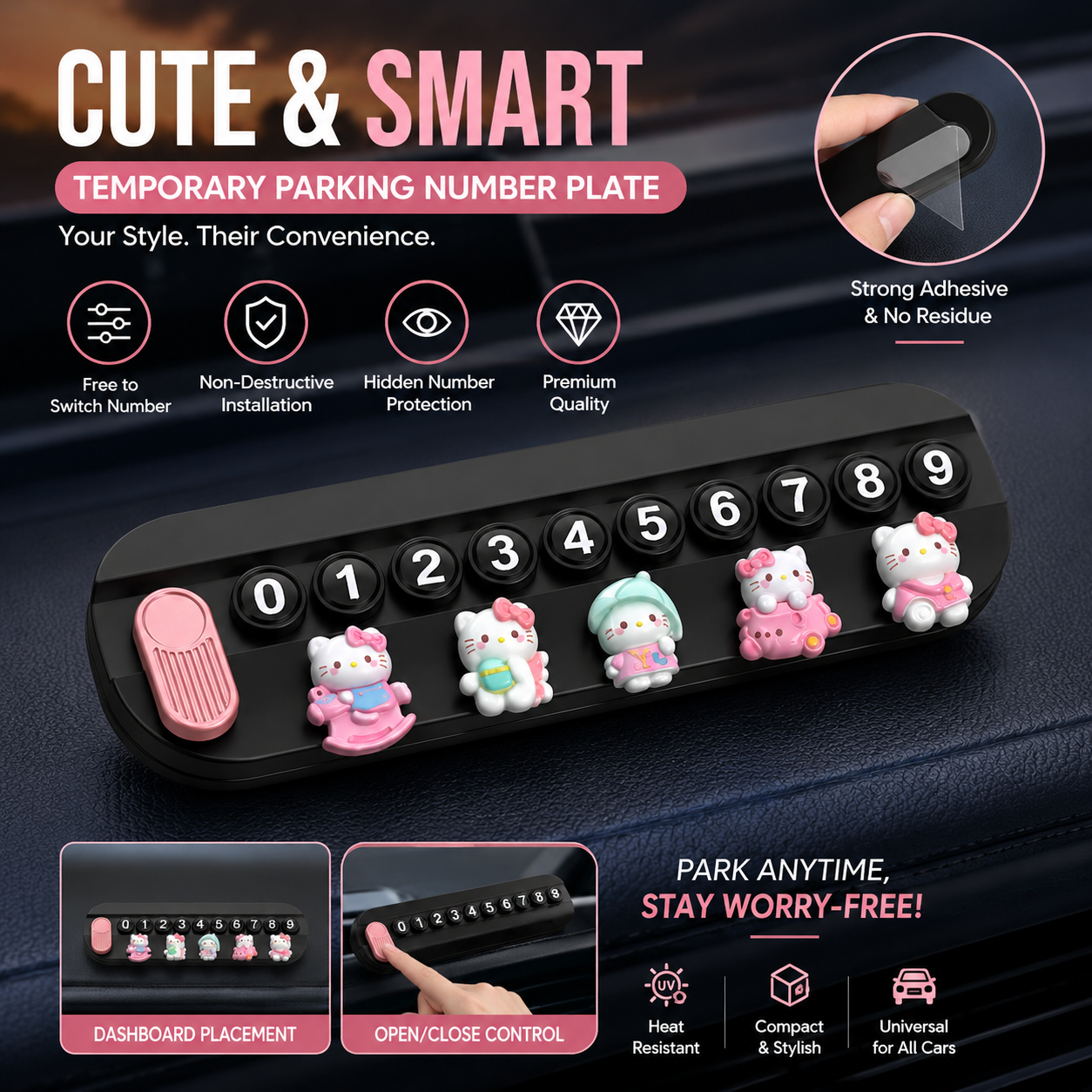 Temporary Car Parking Contact Number Display With Hello Kitty - Black Color